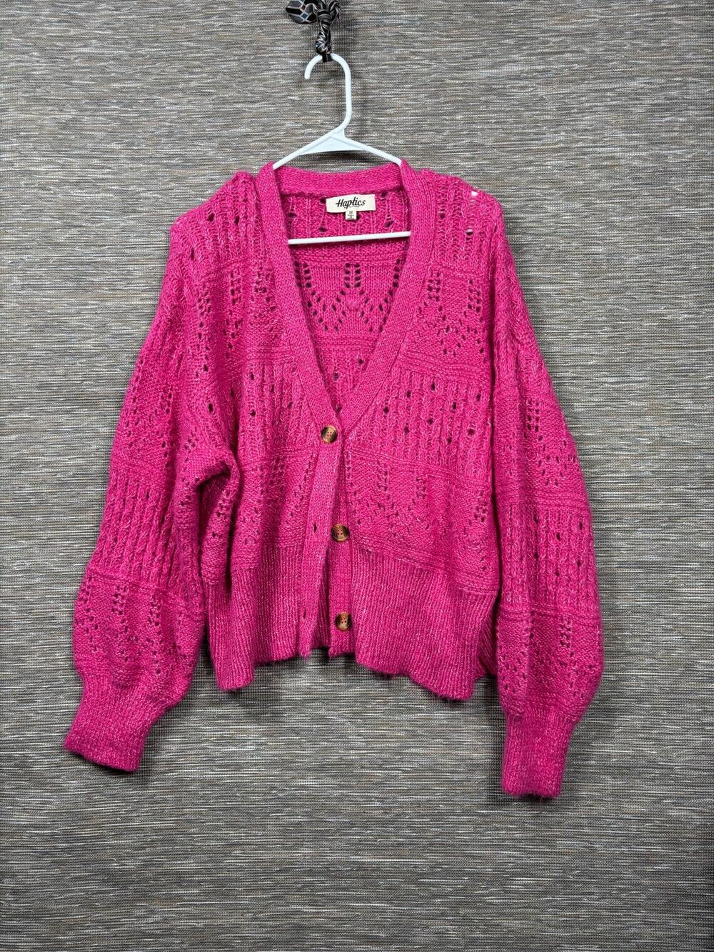 Haptics Cardigan Sweater Womens M Pink Open Knit Button Front Balloon Sleeve